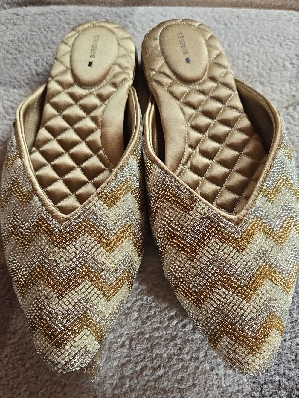 Birdies Gold and Cream Beaded Pointed Mules